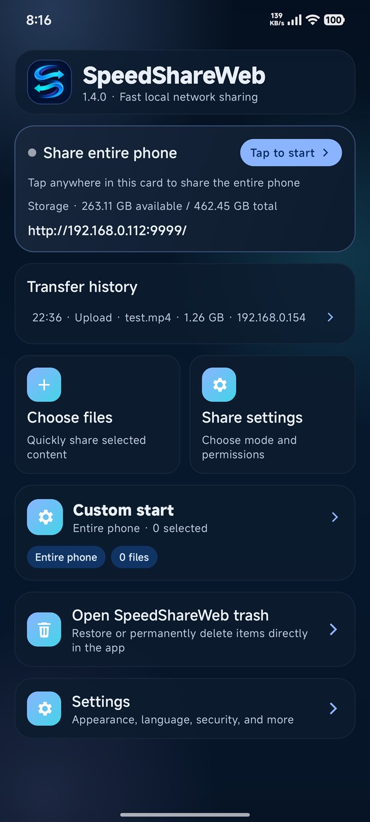 SpeedShareWeb English dark home screen
