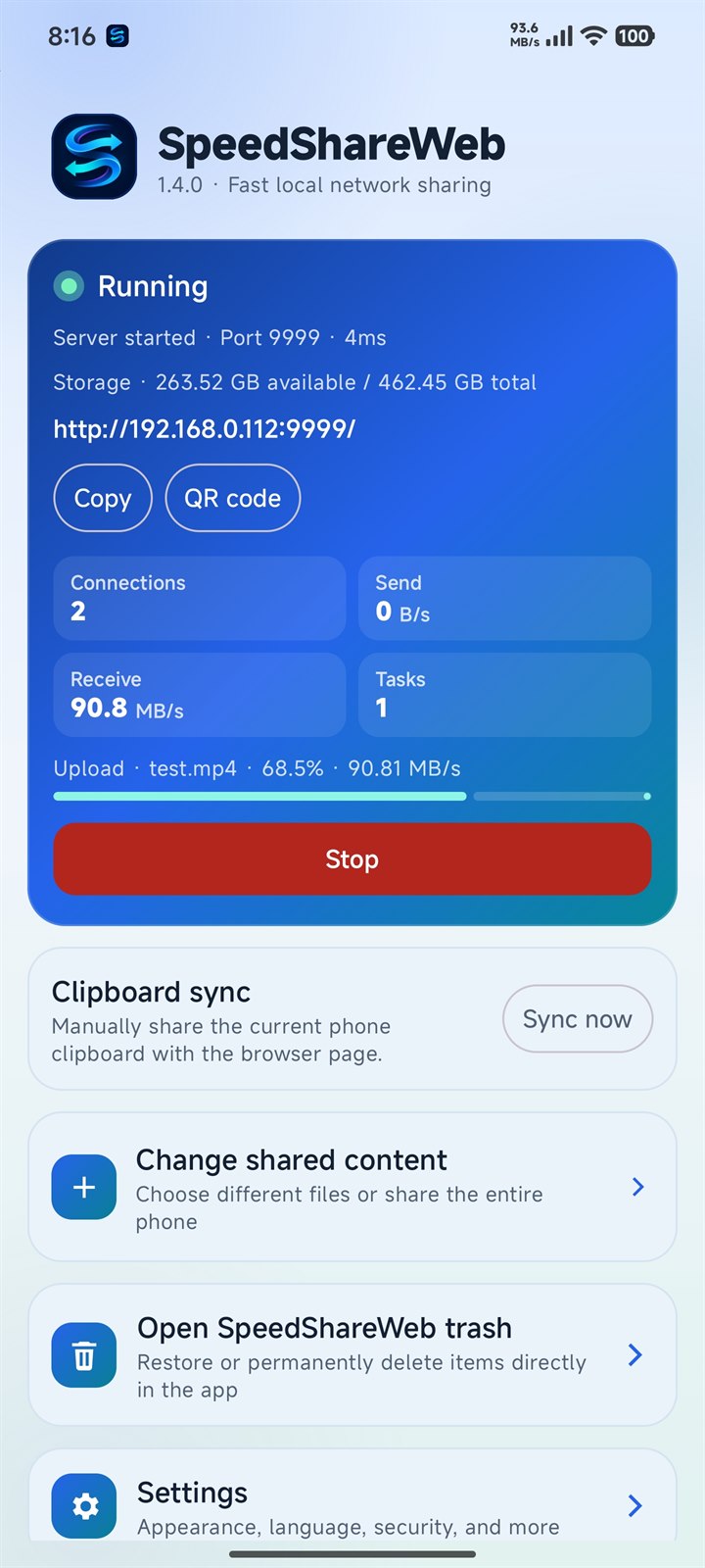 SpeedShareWeb live transfer dashboard