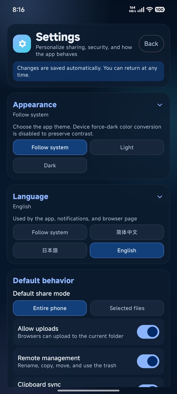 SpeedShareWeb appearance and language settings