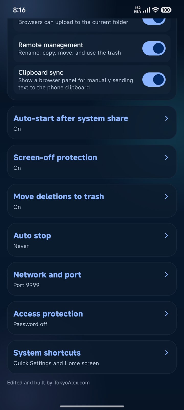 SpeedShareWeb compact network and security settings