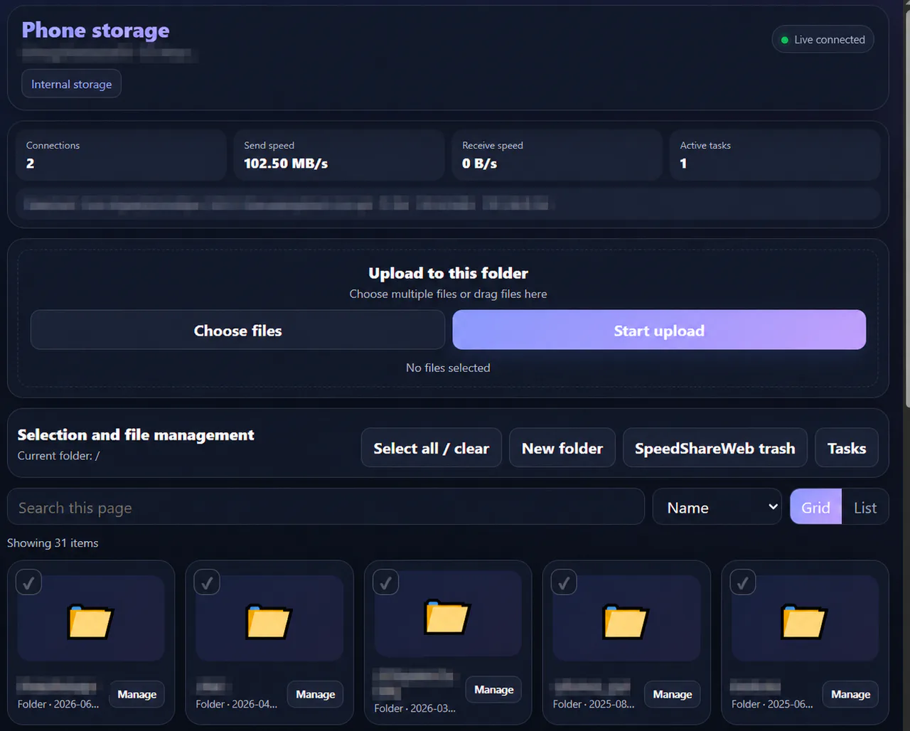 SpeedShareWeb browser file manager interface
